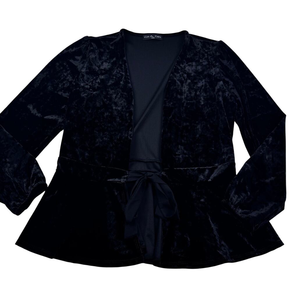 Kim & Cami Black Crushed Velvet Goth Romantic Tie Front Jacket Women's Size S